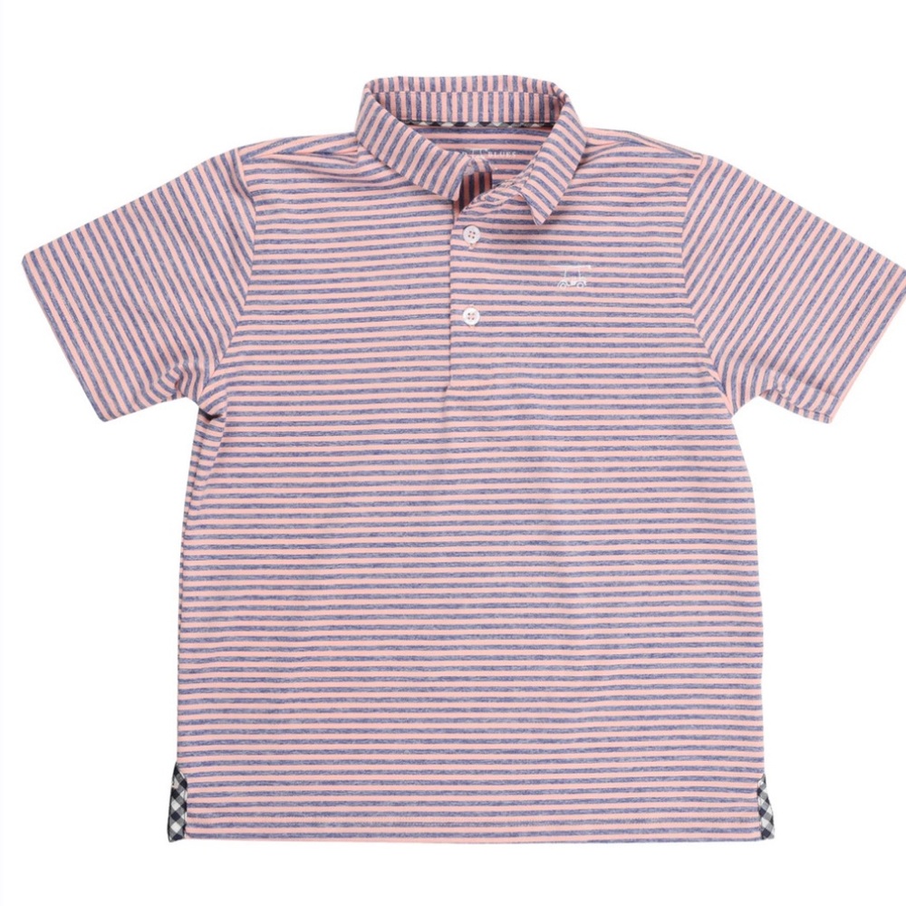 Bald head blues peach and blue striped polo- Size 10